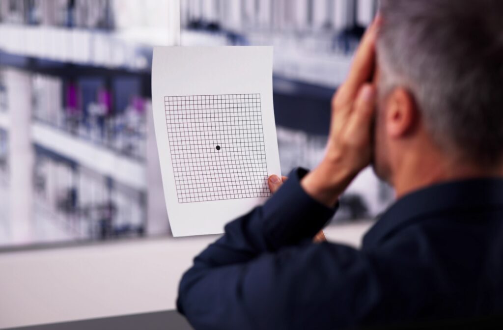 A man using the Amsler Grid test to help identify vision distortions.