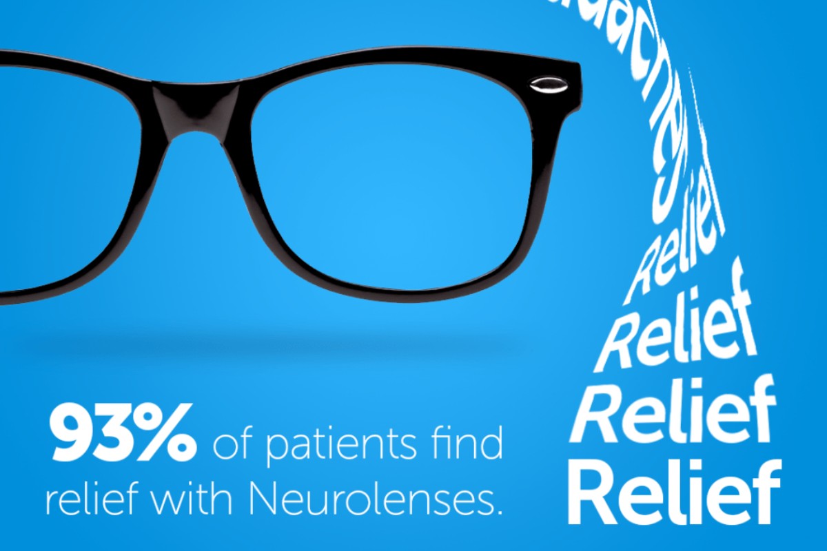 Black eyeglasses on a blue background with curved text reading “Headaches” and “Relief,” and a caption stating “93% of patients find relief with Neurolenses.”