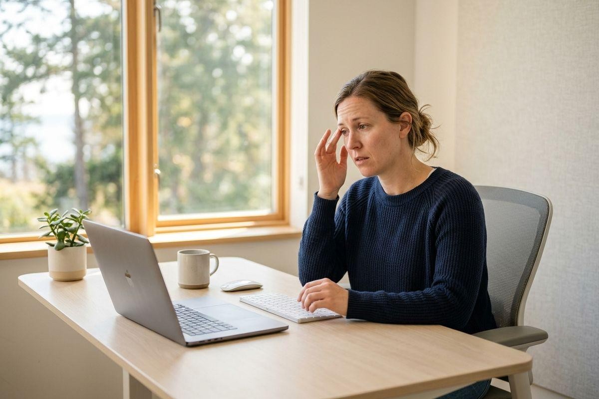 Adult in a navy sweater sitting at a desk, looking stressed at a laptop in a bright home office with a window view.