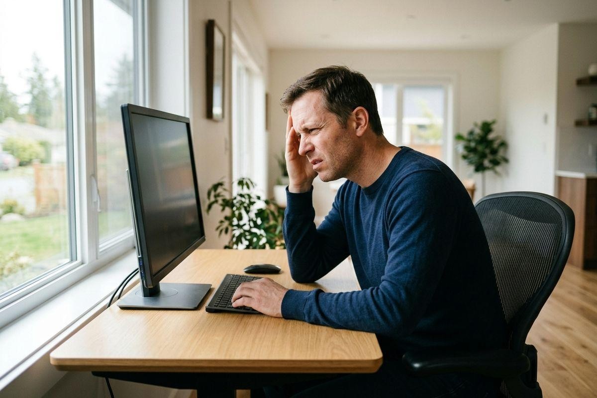 Adult sitting at a home office desk holding their head with a stressed expressio