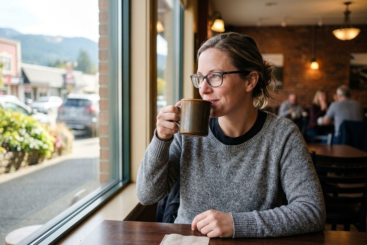Adult with glasses sipping from a ceramic mug at a caf window seat looking outsi