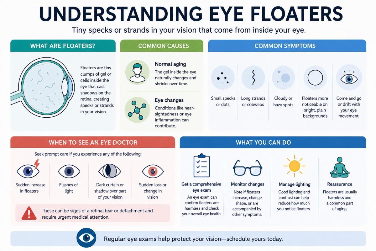 Infographic explaining eye floaters, including what they are, common causes, typical symptoms like specks and flashes, warning signs, and when to see an eye doctor.