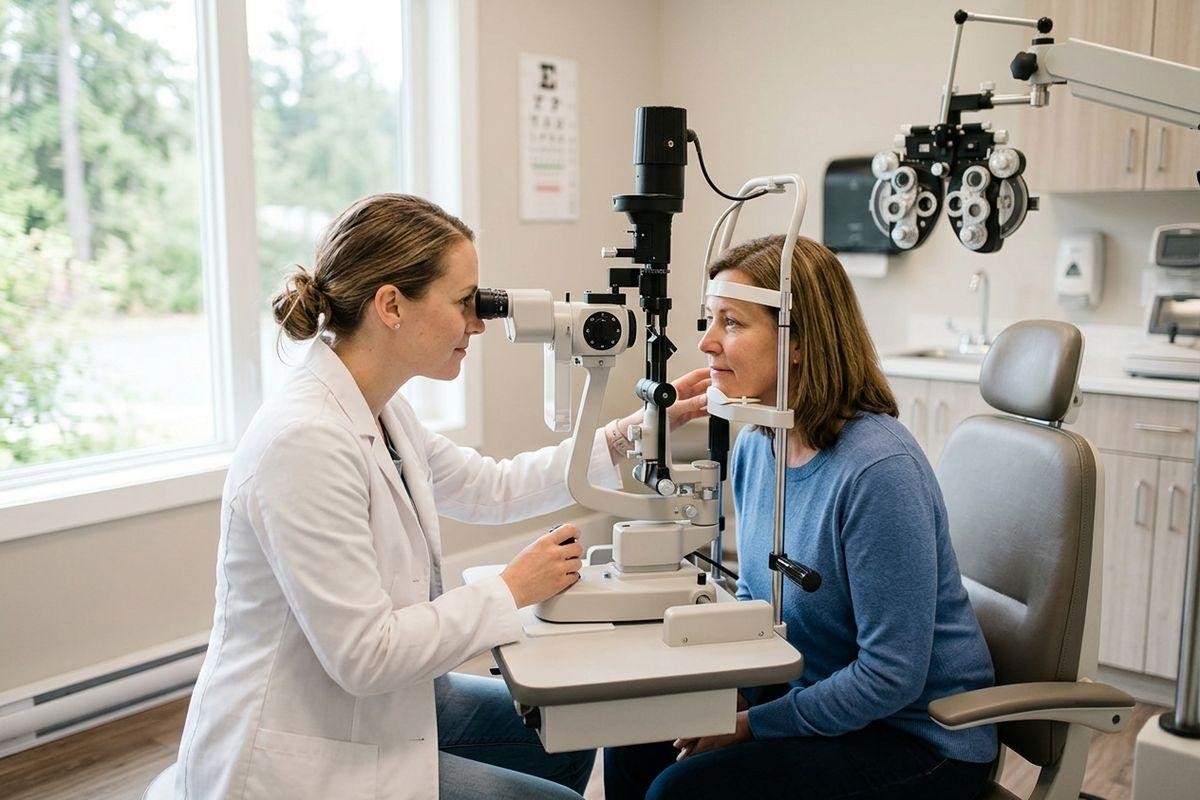 Optometrist in white coat examining a patient's eyes using a slit lamp in a clinical exam room with an eye chart on the wall.