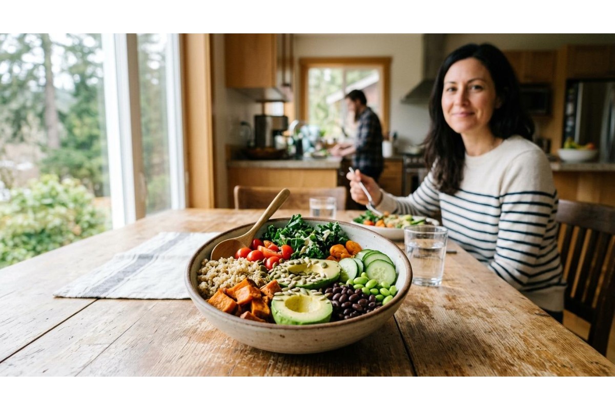 Woman sitting at a wooden table eating a healthy bowl with avocado, vegetables, grains, and beans in a bright kitchen setting.