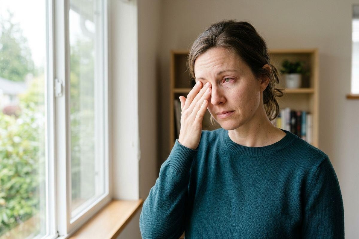 Adult in a teal sweater rubbing one red eye while standing by a window indoors.