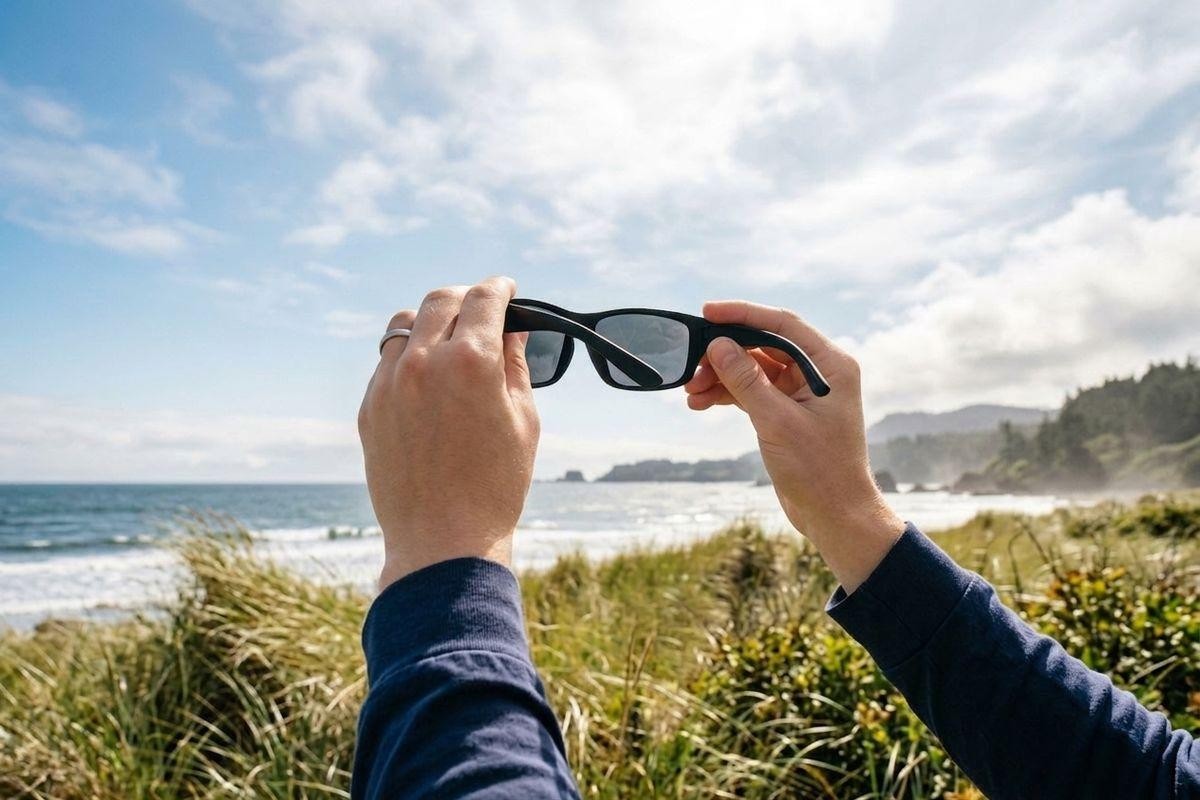 Hands holding up black sunglasses against a sunny coastline with ocean grassy du