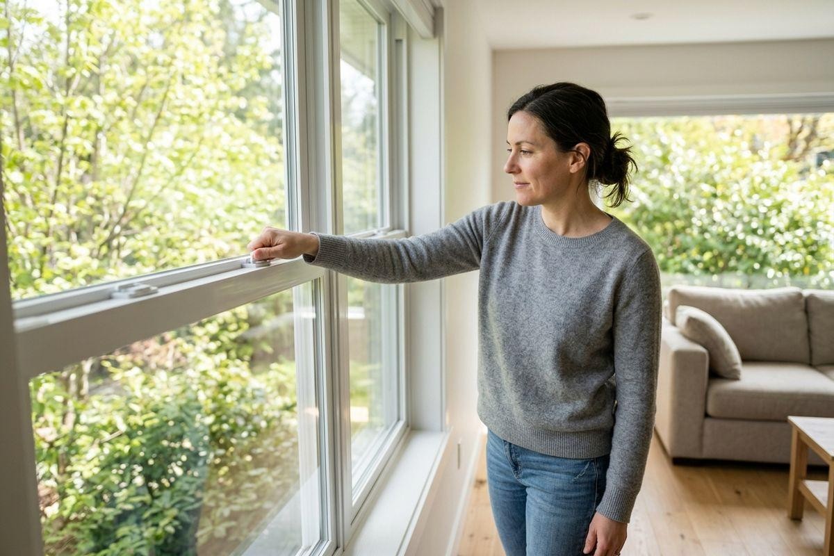 person-in-a-grey-sweater-opening-a-window-and-looking-out-at-greenery-with-a-sof Person in a grey sweater opening a window and looking out at greenery with a sof