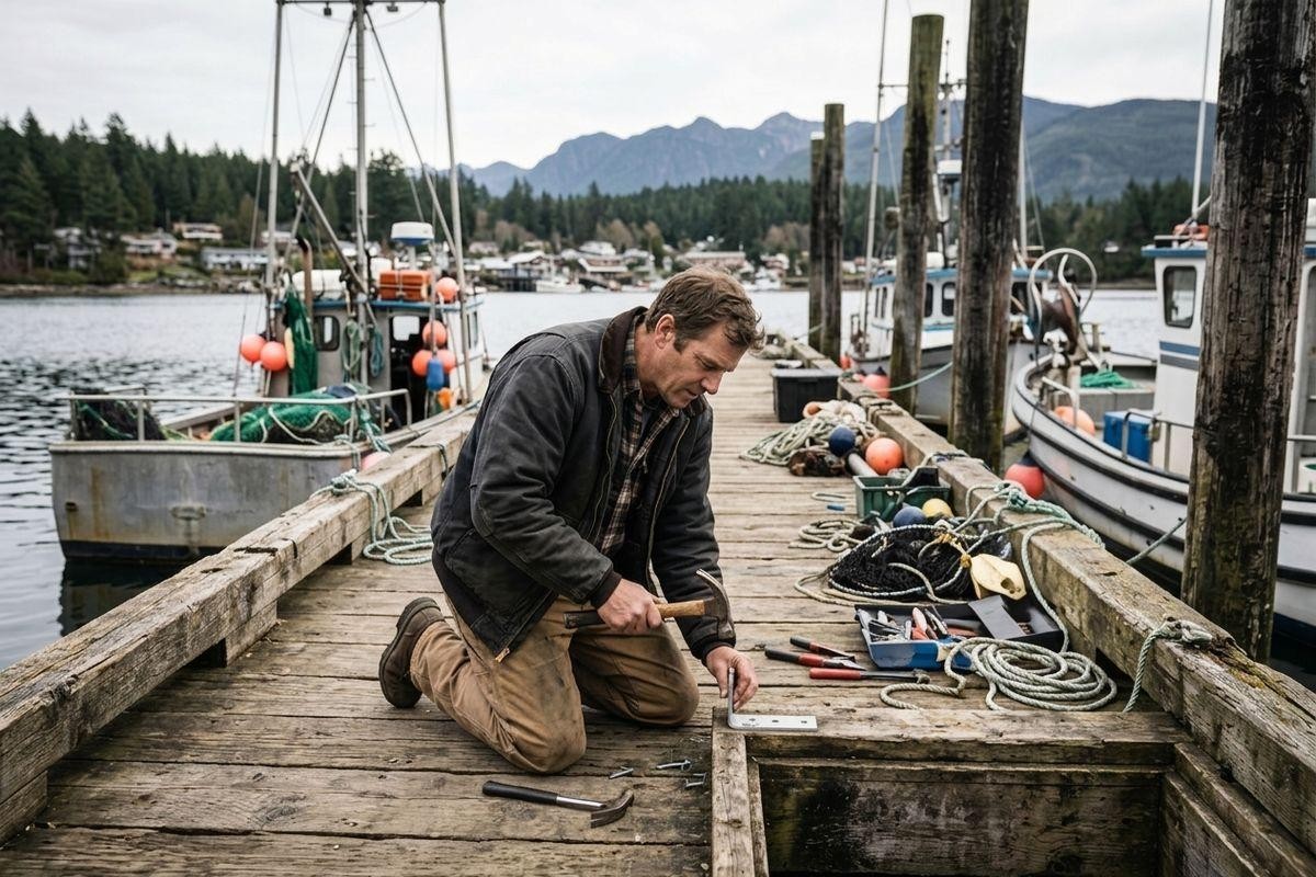 Person kneeling on a wooden dock with a hammer, repairing a metal bracket beside fishing boats, tools, and ropes; mountains behind.
