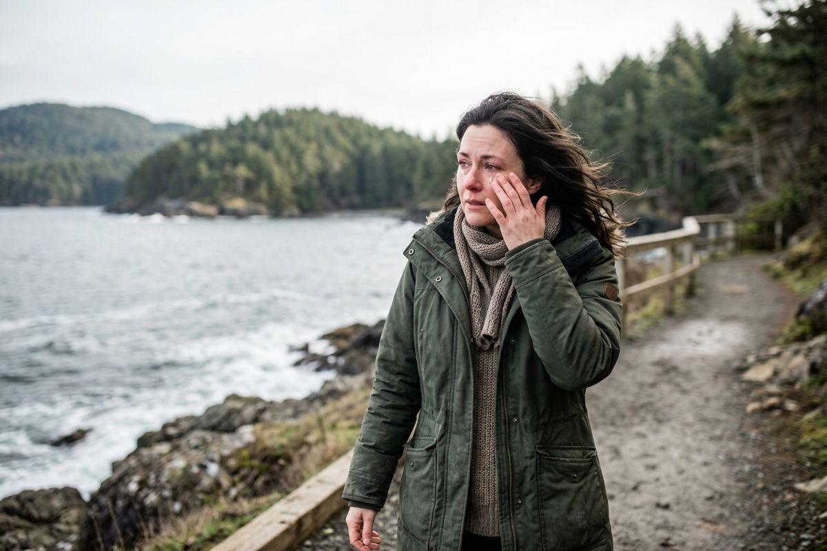 A person in a green coat and scarf wiping a tear on a coastal trail beside water and forested hills.