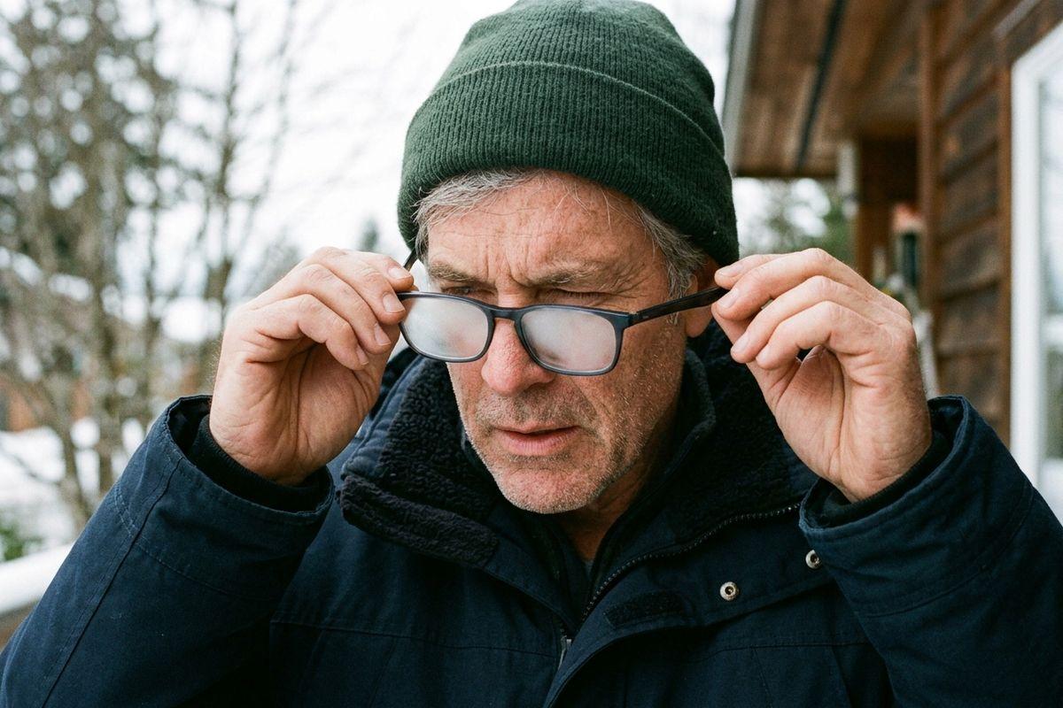 A person in green beanie and dark coat adjusting foggy glasses with both hands outdoors in a snowy setting.