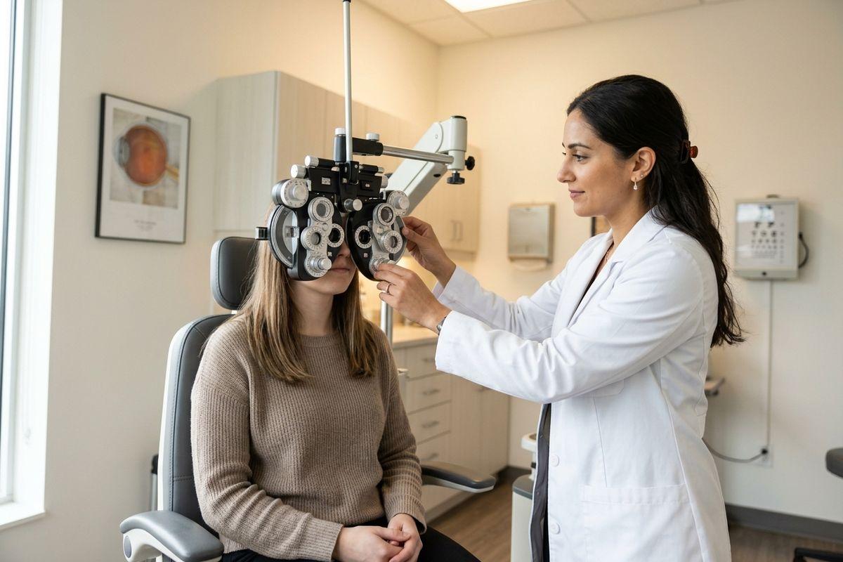 An optometrist adjusts a phoropter for a seated patient during an eye exam in a clinic room.