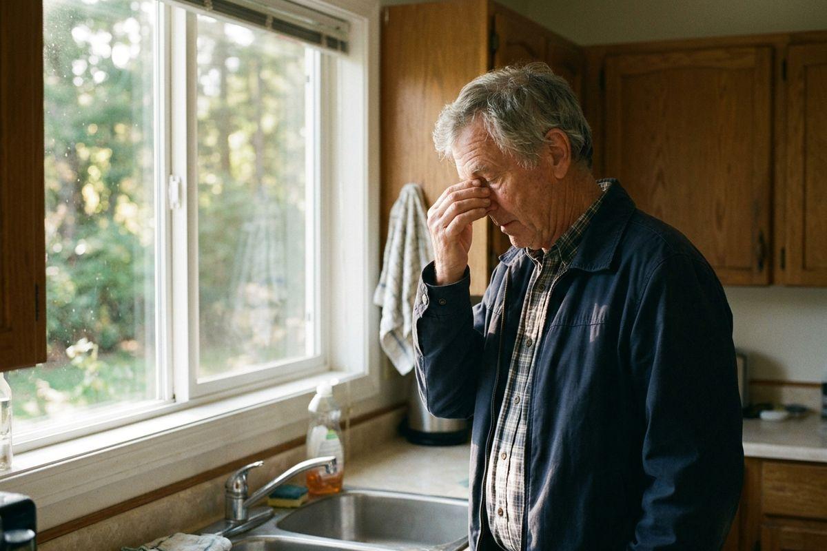 Older adult rubbing eyes while standing by a kitchen sink near a window, looking tired.