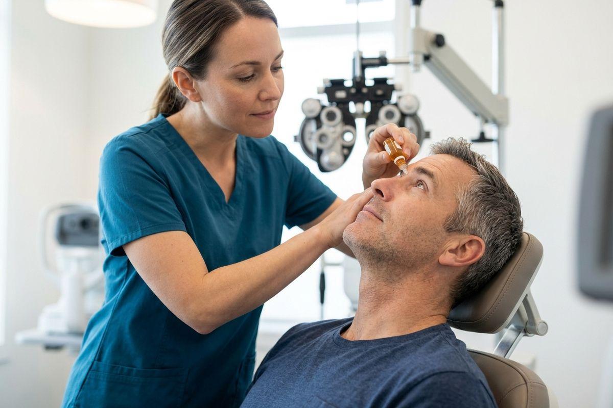 Optometrist applying eye drops to a patient reclined in an exam chair, with a phoropter in the background.