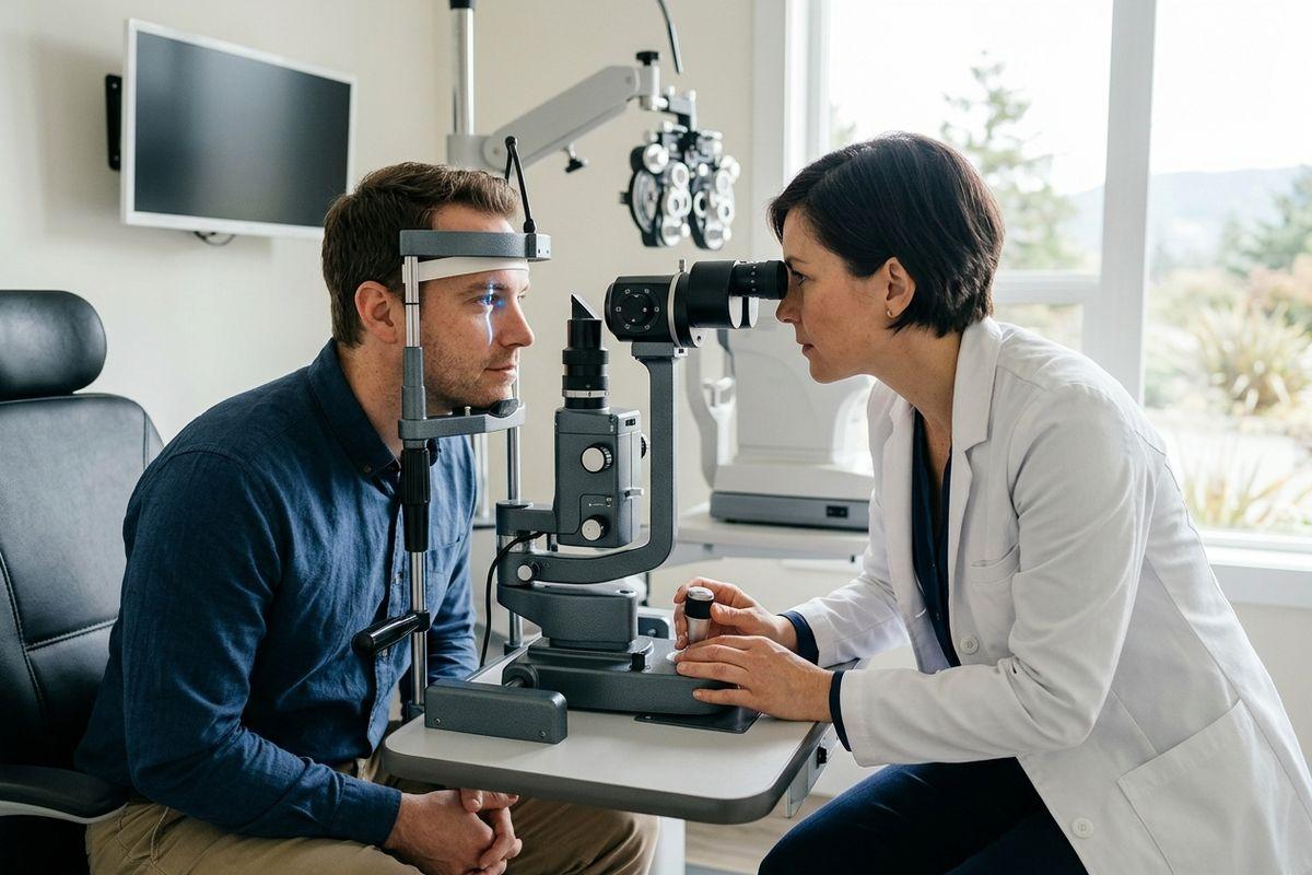 Optometrist examines a patient's eyes using a slit lamp during an eye exam.