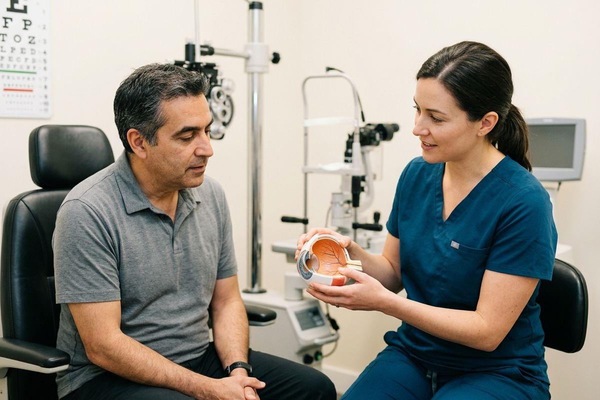 Optometrist showing an eye model to a patient in an exam room with an eye chart and equipment.
