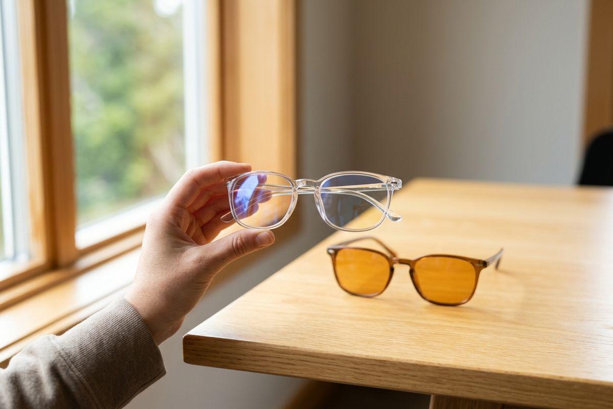 A hand holding clear-framed glasses beside a wooden table, with a second pair of glasses with amber lenses resting on the table by a window.