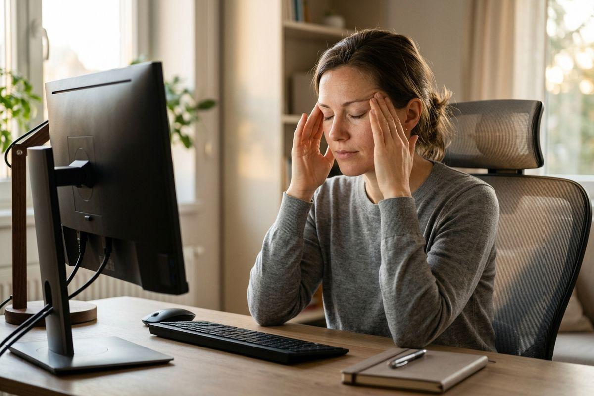 A person at a desk with their eyes closed, pressing fingers to both temples, in front of a computer monitor and keyboard at home.