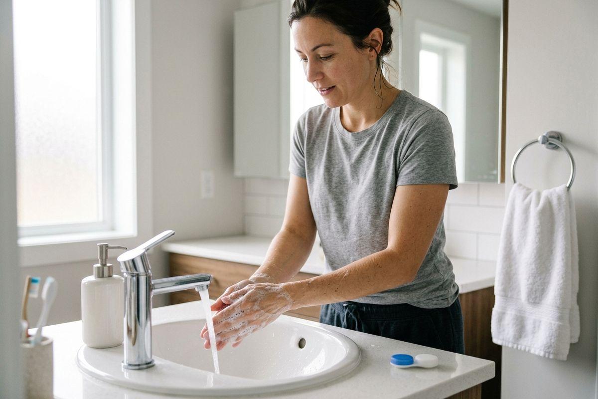 A person in a grey T-shirt washing soapy hands at a bathroom sink with running water, with a contact lens case on the counter.
