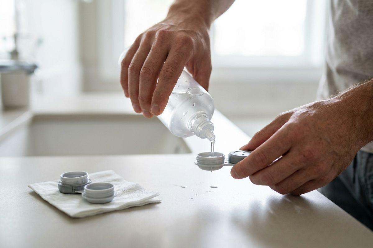A person pouring clear solution from a bottle into a contact lens case at a bathroom counter, with lids resting on a tissue nearby.
