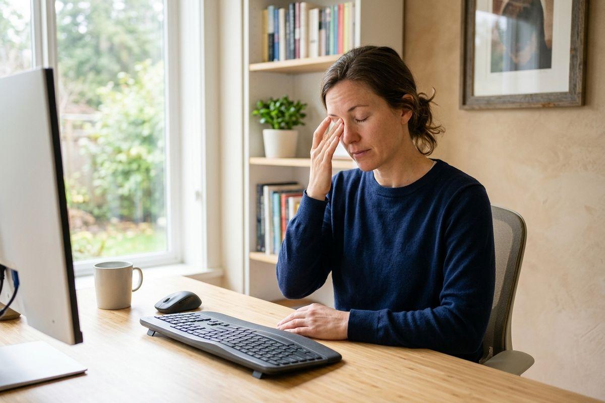 An adult at a home office desk with a keyboard, mouse and monitor, eyes closed and rubbing one eye with fingers.