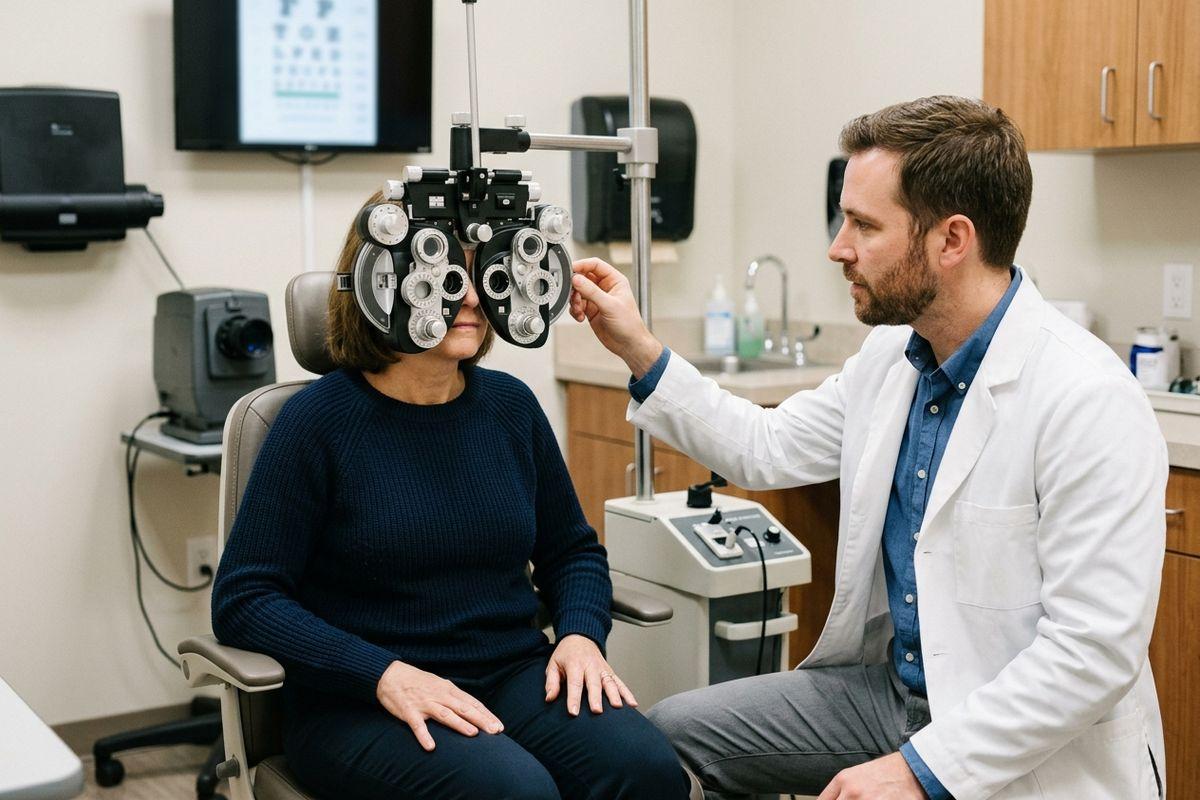 An optometrist adjusts a phoropter while an adult patient looks through it during an eye exam, with an eye chart on the wall behind.